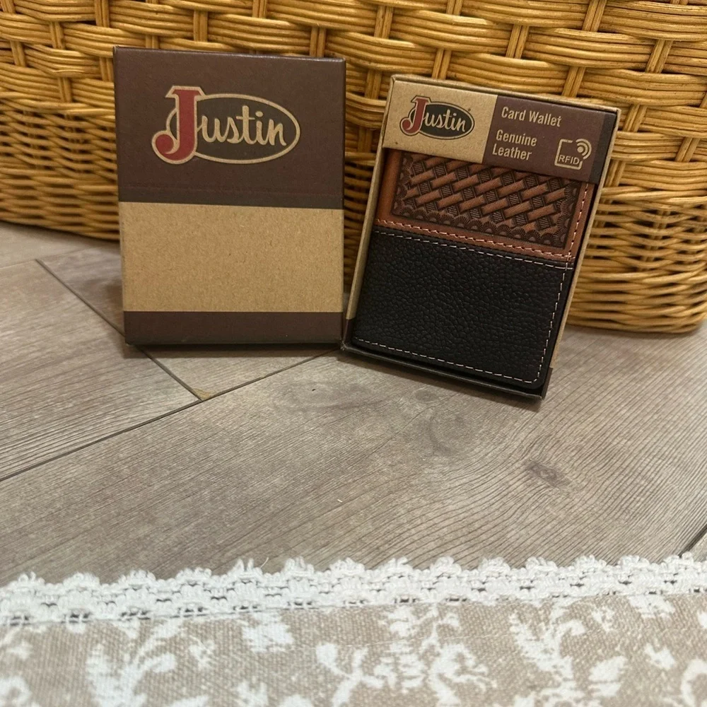 New Justin Boots Mens Leather Wallet Bi Fold Basketweave Card Wallet Brown Black